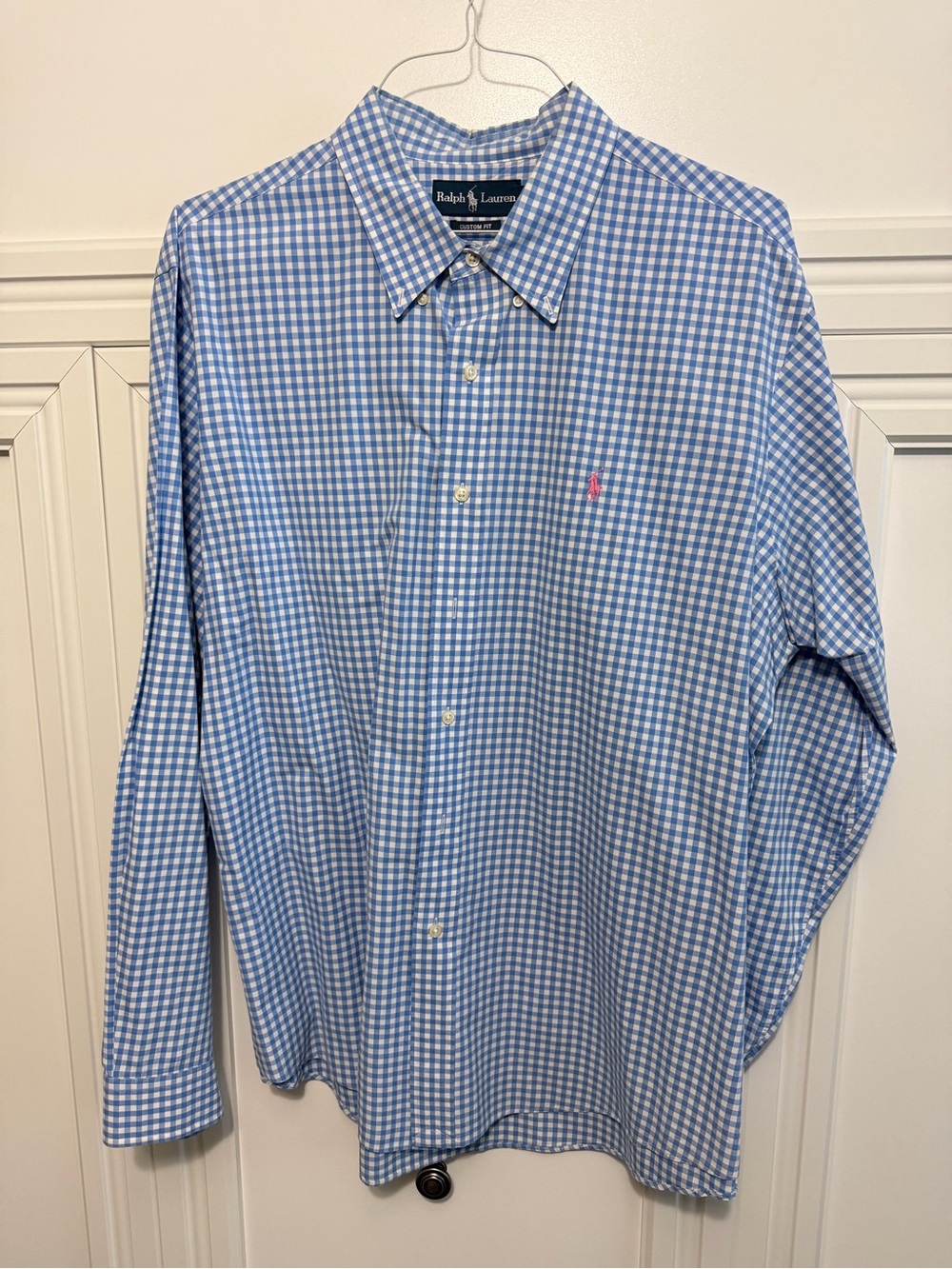 Ralph Lauren Light Blue Gingham Button-Down Shirt with Pink Pony